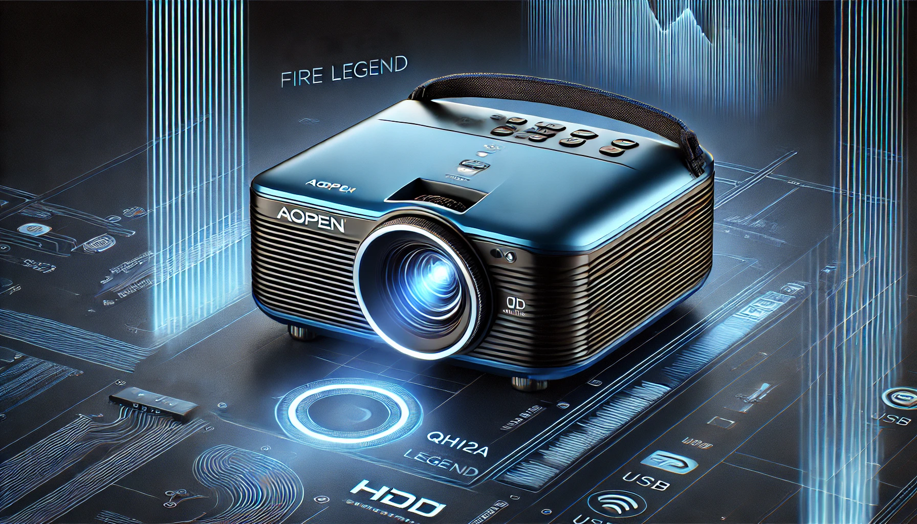 DALL·E 2025-02-13 16.49.31 - A stylish and portable AOPEN QH12a Fire Legend projector in blue, designed for presentations, entertainment, and on-the-go use. Featuring HD resolutio
