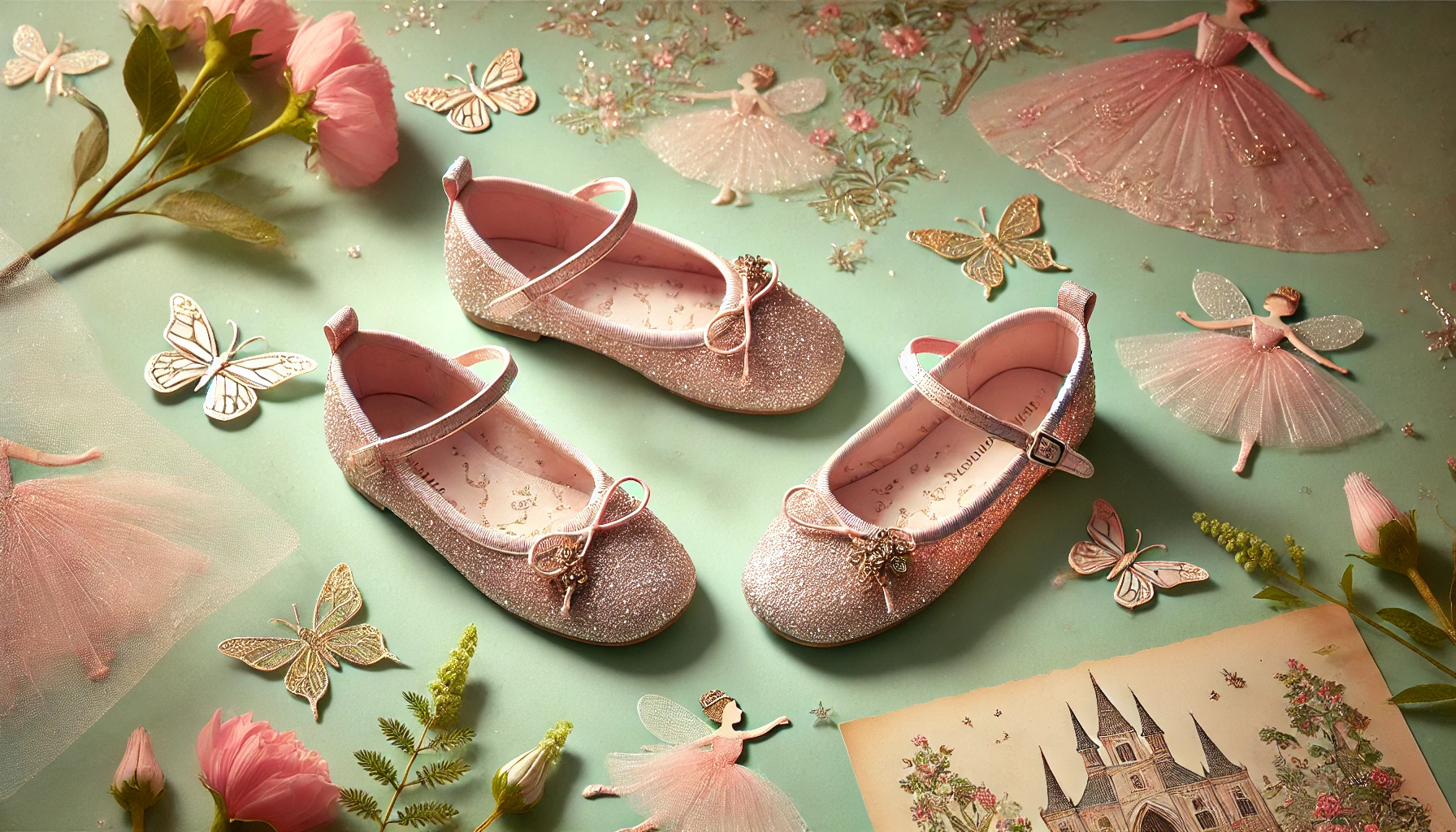 DALL·E 2025-02-13 17.07.18 - A charming pair of Vertbaudet pale pink glitter ballerina shoes for girls, designed to add a magical touch to any outfit. These elegant shoes feature