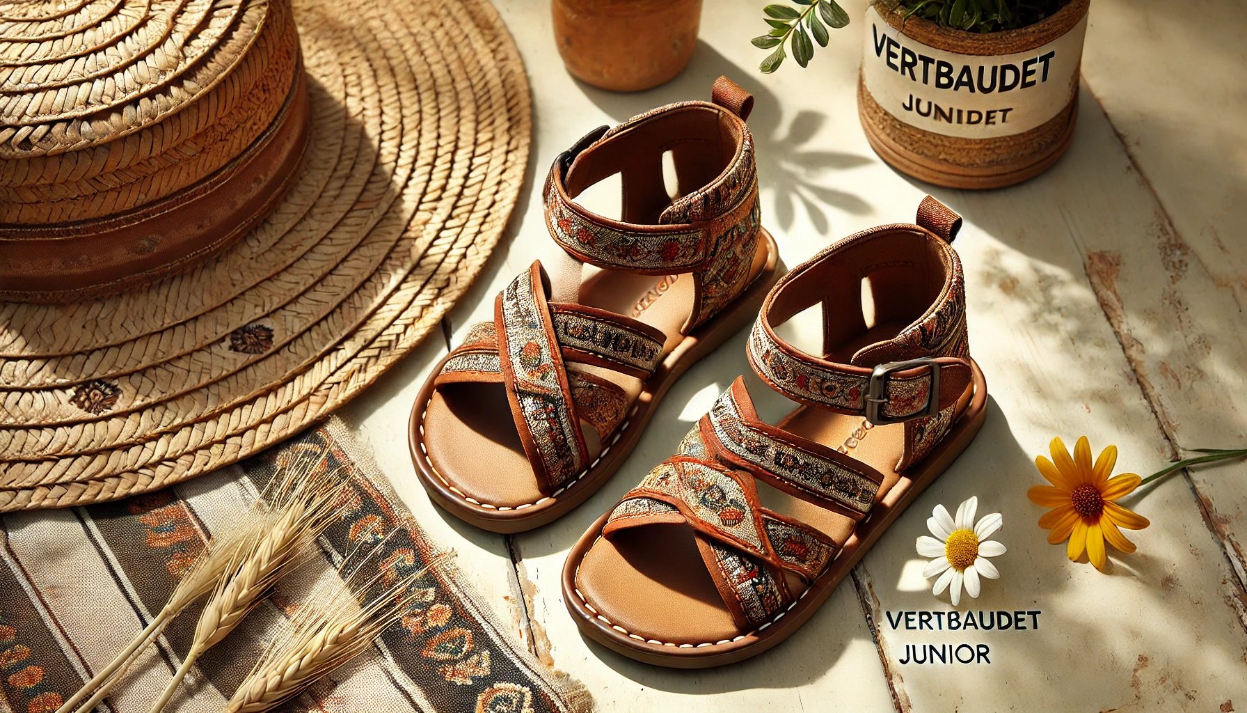 DALL·E 2025-02-13 17.25.23 - A stylish pair of Vertbaudet junior sandals with crossed leather straps in a warm brown shade featuring an ethnic print. Designed for summer comfort,