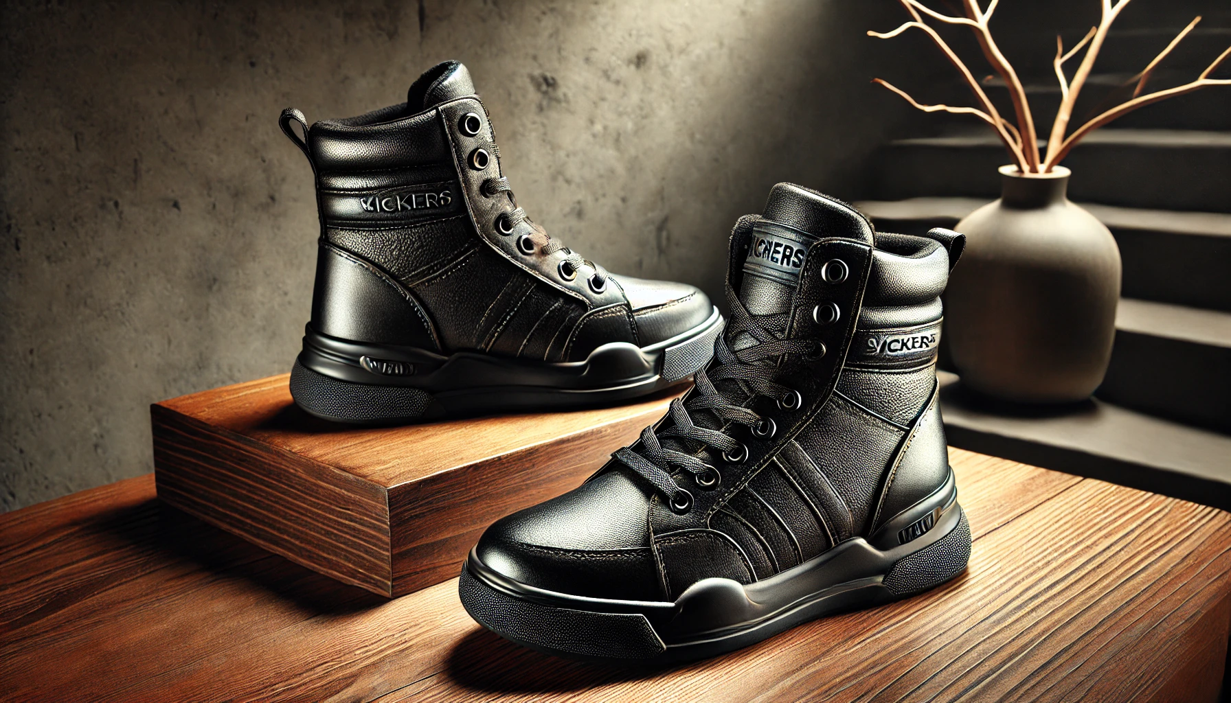 DALL·E 2025-02-13 17.45.52 - A stylish pair of Kickers Wild Kitten high-top sneakers made of premium black leather with a soft leather lining for durability and comfort. These tre