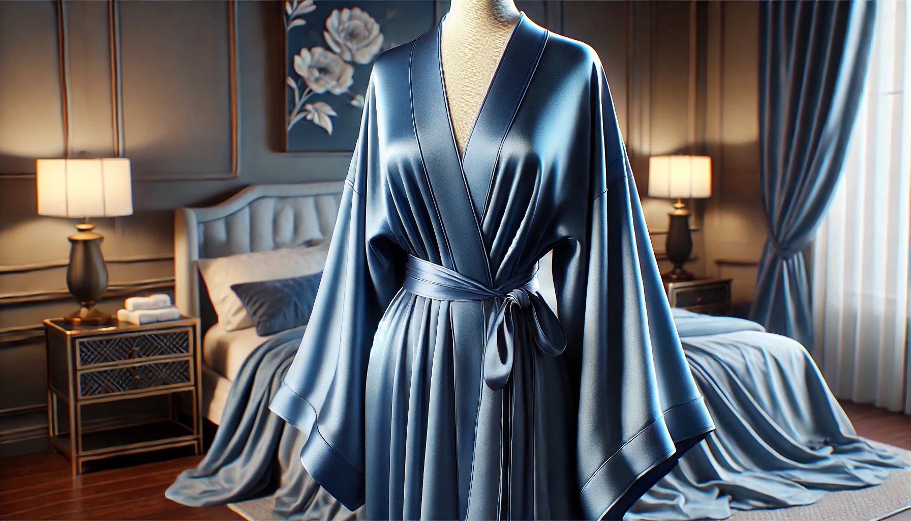 DALL·E 2025-02-18 16.49.21 - A realistic digital rendering of a women's kimono named 'Bleu Sortilège'. The kimono is crafted from a fluid, satin-like fabric that gently drapes ove
