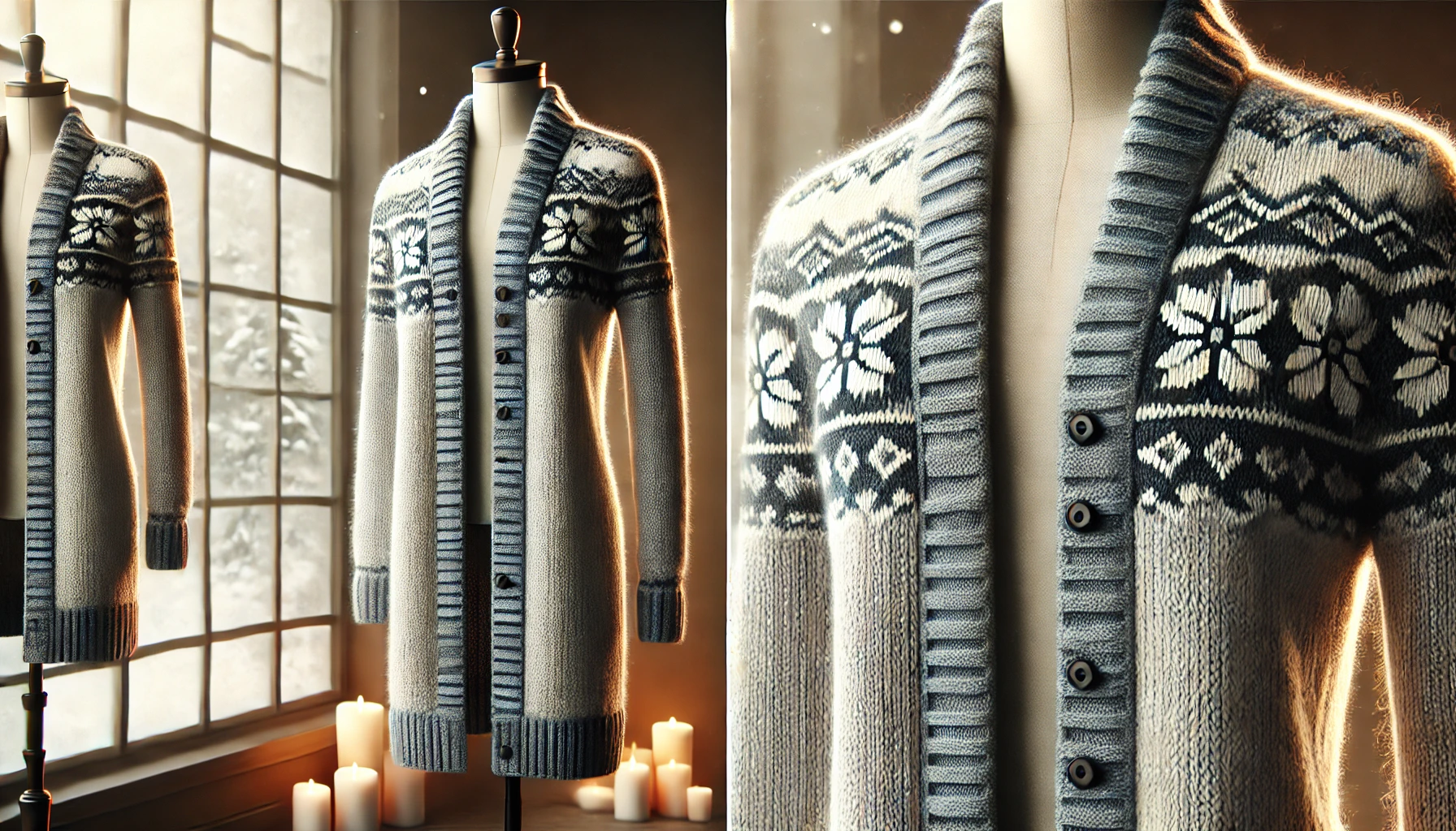 DALL·E 2025-02-18 17.50.07 - A realistic digital rendering of a women's long knit cardigan named 'Flocons'. The cardigan features a Nordic-inspired jacquard pattern delicately des