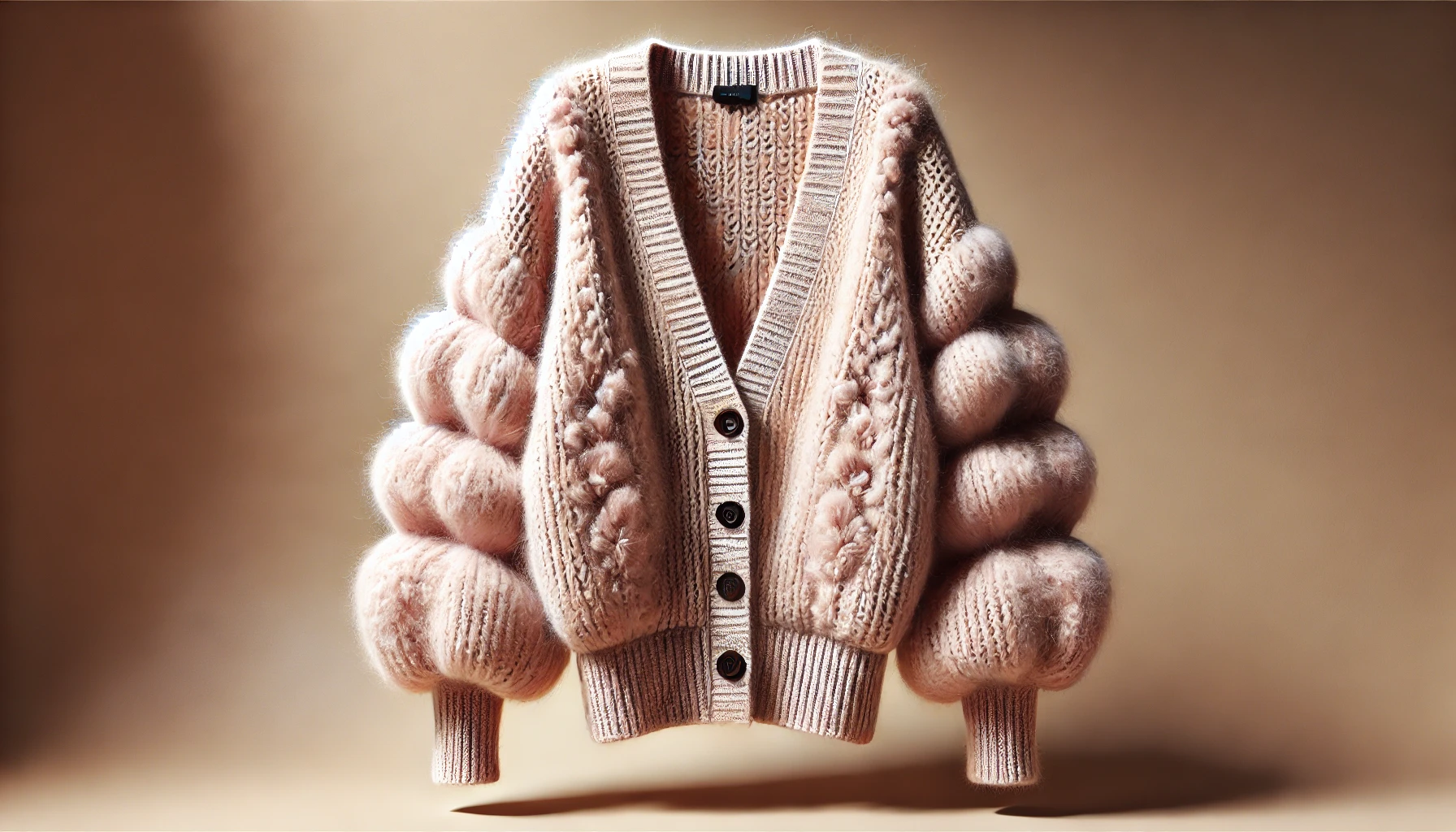 DALL·E 2025-02-18 18.09.44 - A realistic digital rendering of a women's knit cardigan named 'Terres de Douceur'. The cardigan is crafted from soft, fluffy knit fabric, offering a