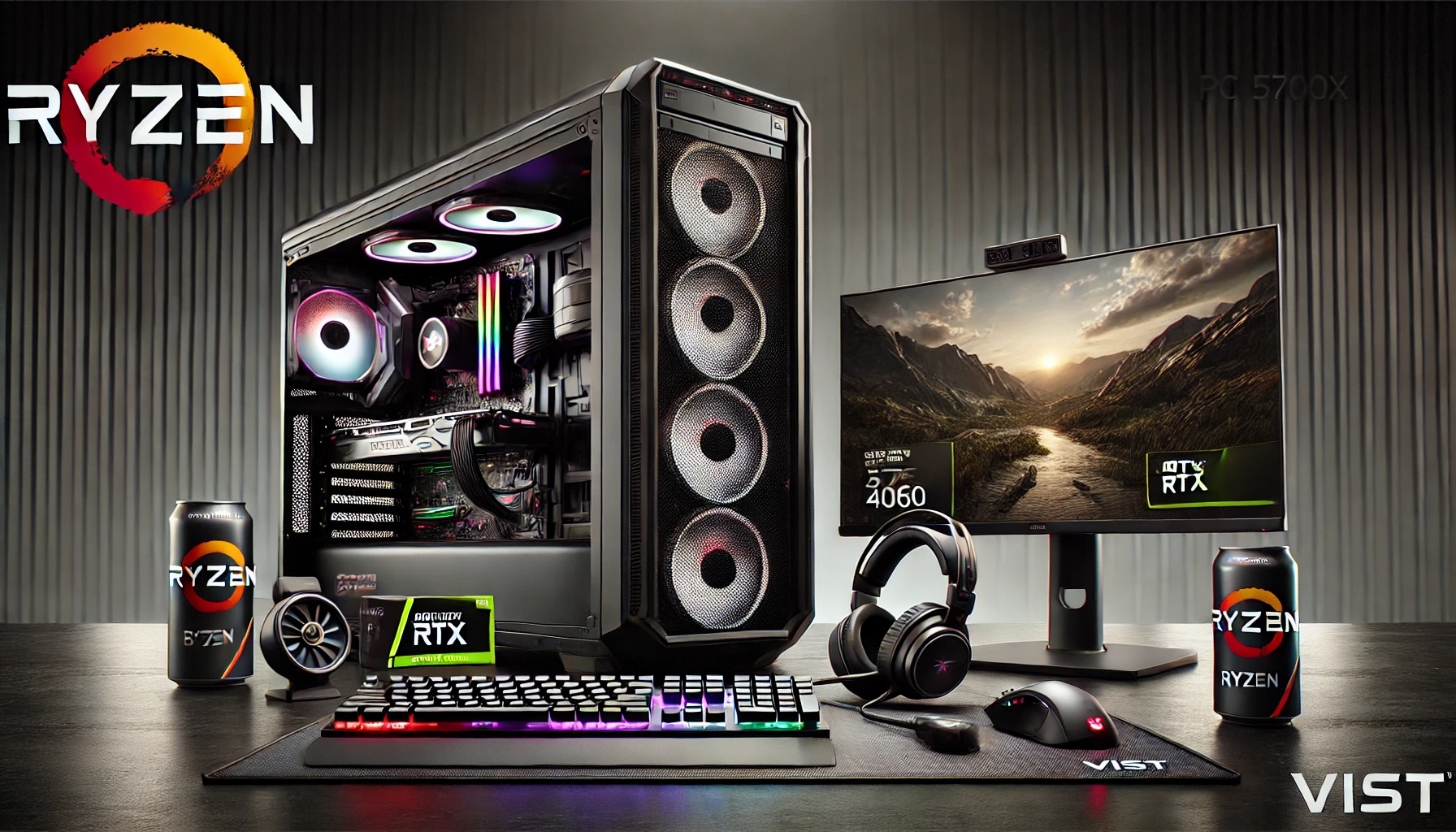 DALL·E 2025-02-18 18.36.30 - A realistic digital rendering of the VIST PC Gaming setup featuring the AMD Ryzen 7 5700X processor and NVIDIA RTX 4060 graphics card. The setup inclu