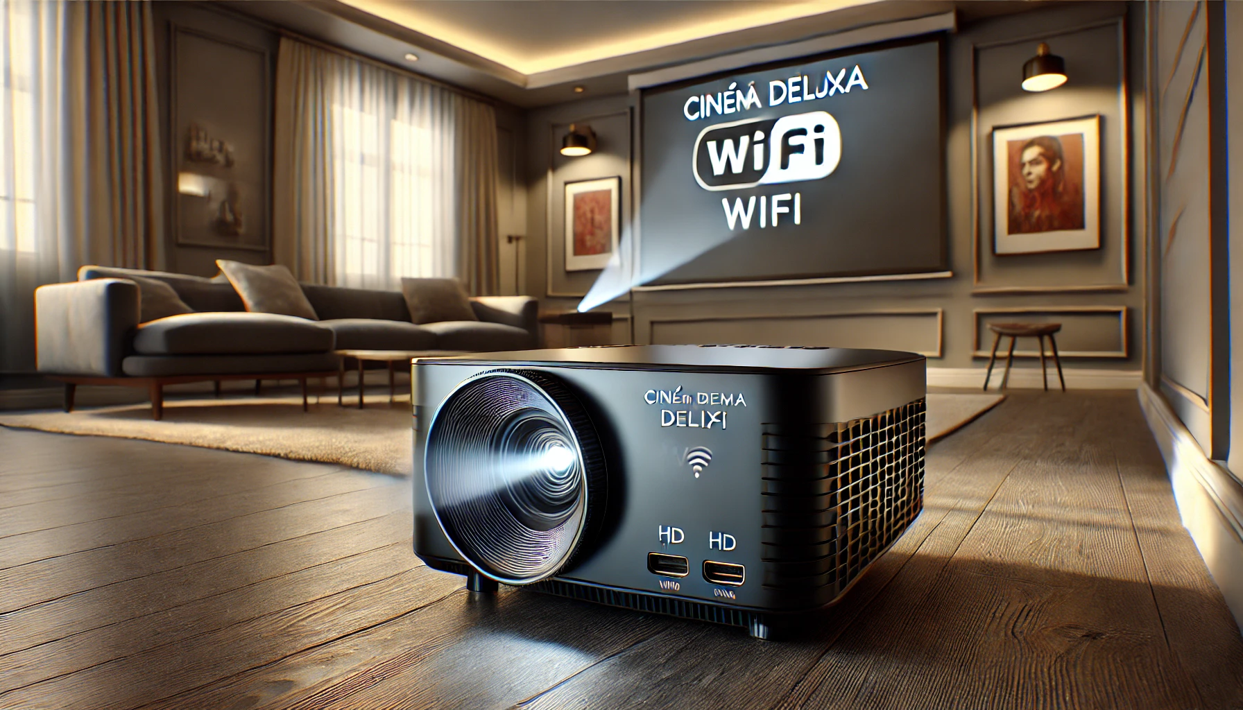 DALL·E 2025-02-19 11.16.27 - A realistic digital rendering of a home cinema projector named 'Cinéma Deluxe WiFi'. The projector features a sleek, modern design with a compact blac