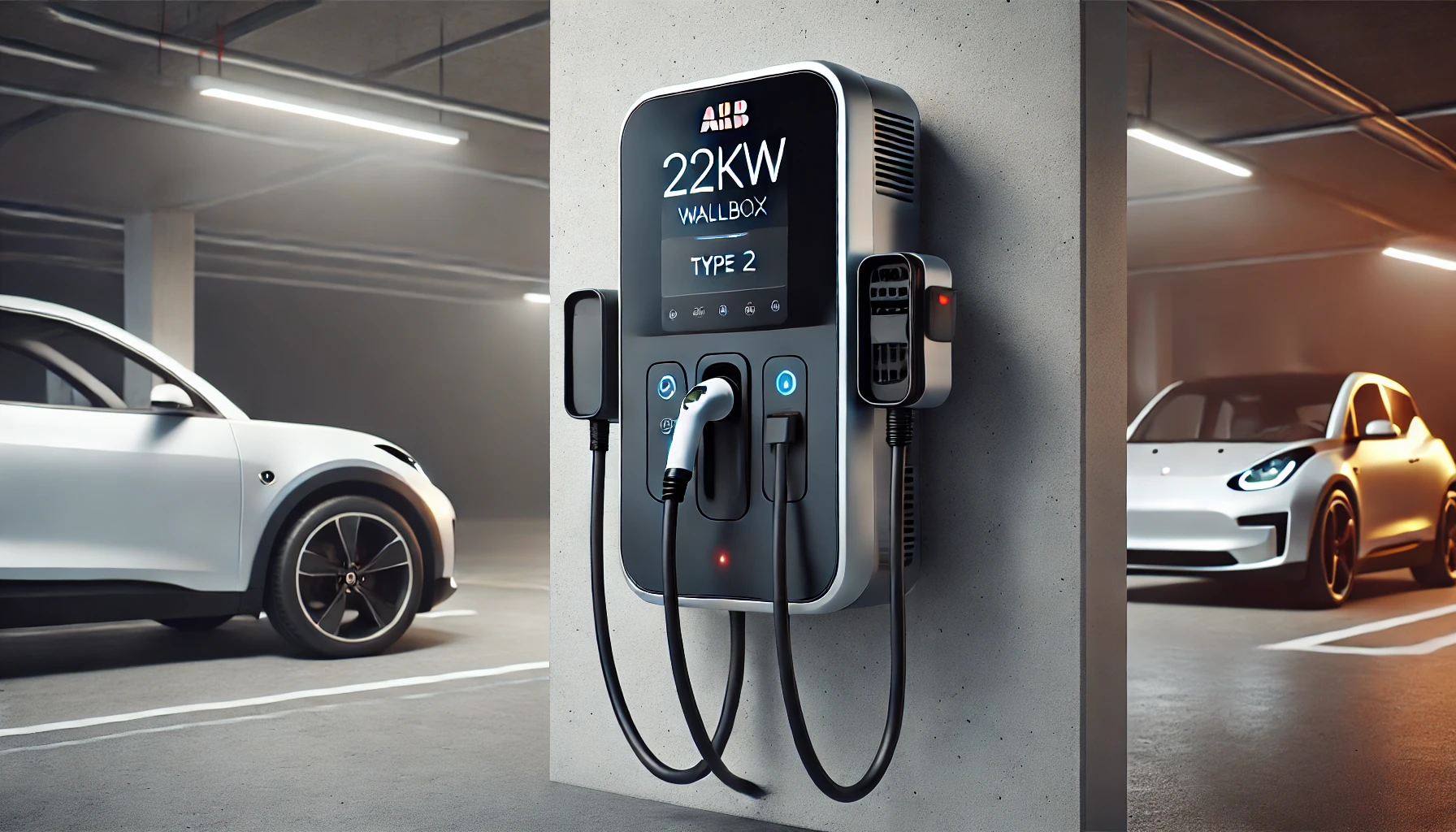 DALL·E 2025-02-19 13.27.12 - A realistic digital rendering of the ABB Terra AC Wallbox 22kW charging station for electric vehicles. The compact and modern wall-mounted charger fea