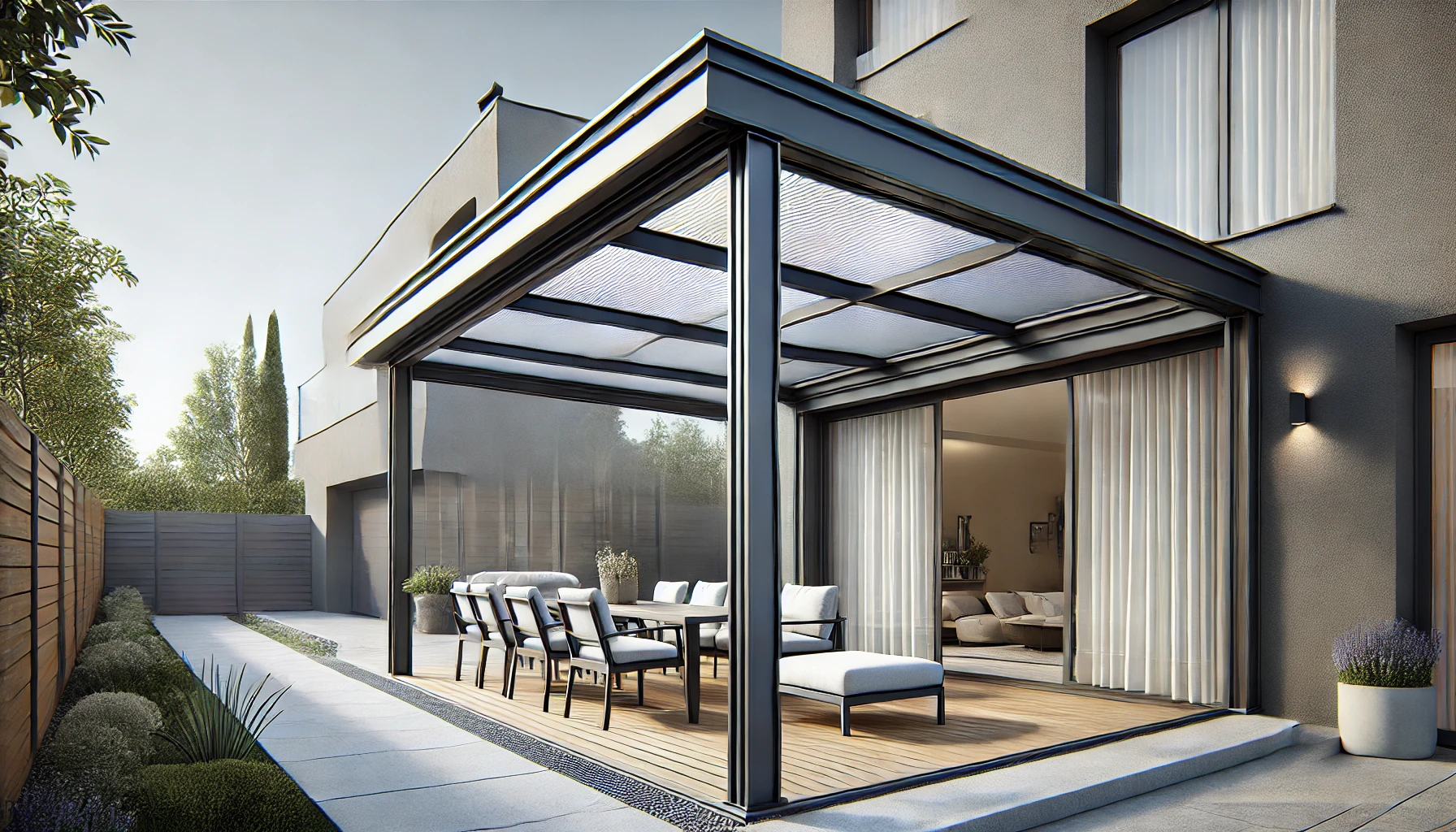 DALL·E 2025-02-19 13.34.43 - A realistic digital rendering of the Habrita TT3030AL aluminum terrace roof in anthracite gray. The structure features a durable aluminum frame with a