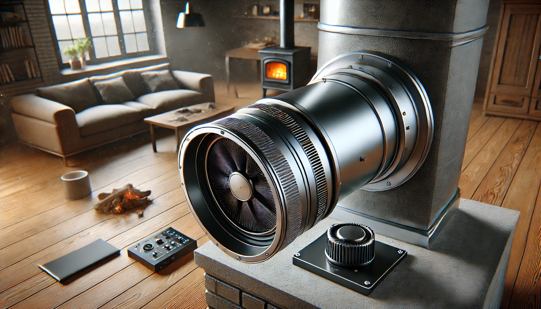 DALL·E 2025-02-19 13.54.26 - A realistic digital rendering of an electric smoke extractor designed for a 20 cm round flue pipe. The device features a high-performance ventilation