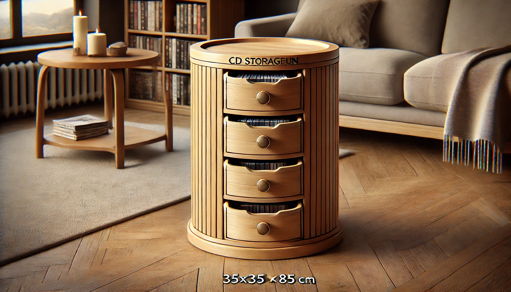 DALL·E 2025-02-19 14.31.39 - A realistic digital rendering of a cylindrical wooden CD storage unit with four spacious drawers. The storage unit is made of solid natural wood, feat