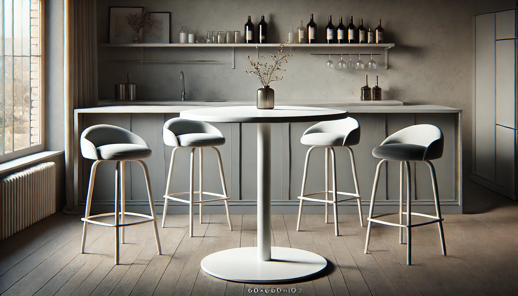 DALL·E 2025-02-19 14.35.16 - A realistic digital rendering of a contemporary round bar table with a sleek white tabletop and a sturdy central pedestal base. The table measures 60x