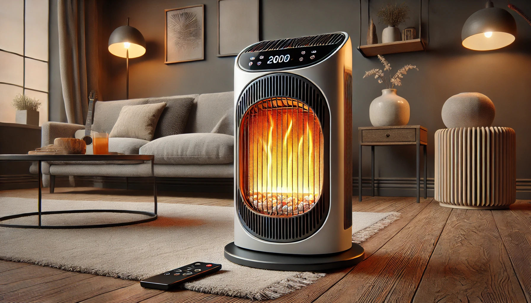 DALL·E 2025-02-19 14.48.05 - A realistic digital rendering of a modern ceramic fan heater with a 2000W power output and a realistic LED flame effect. The heater features a sleek,