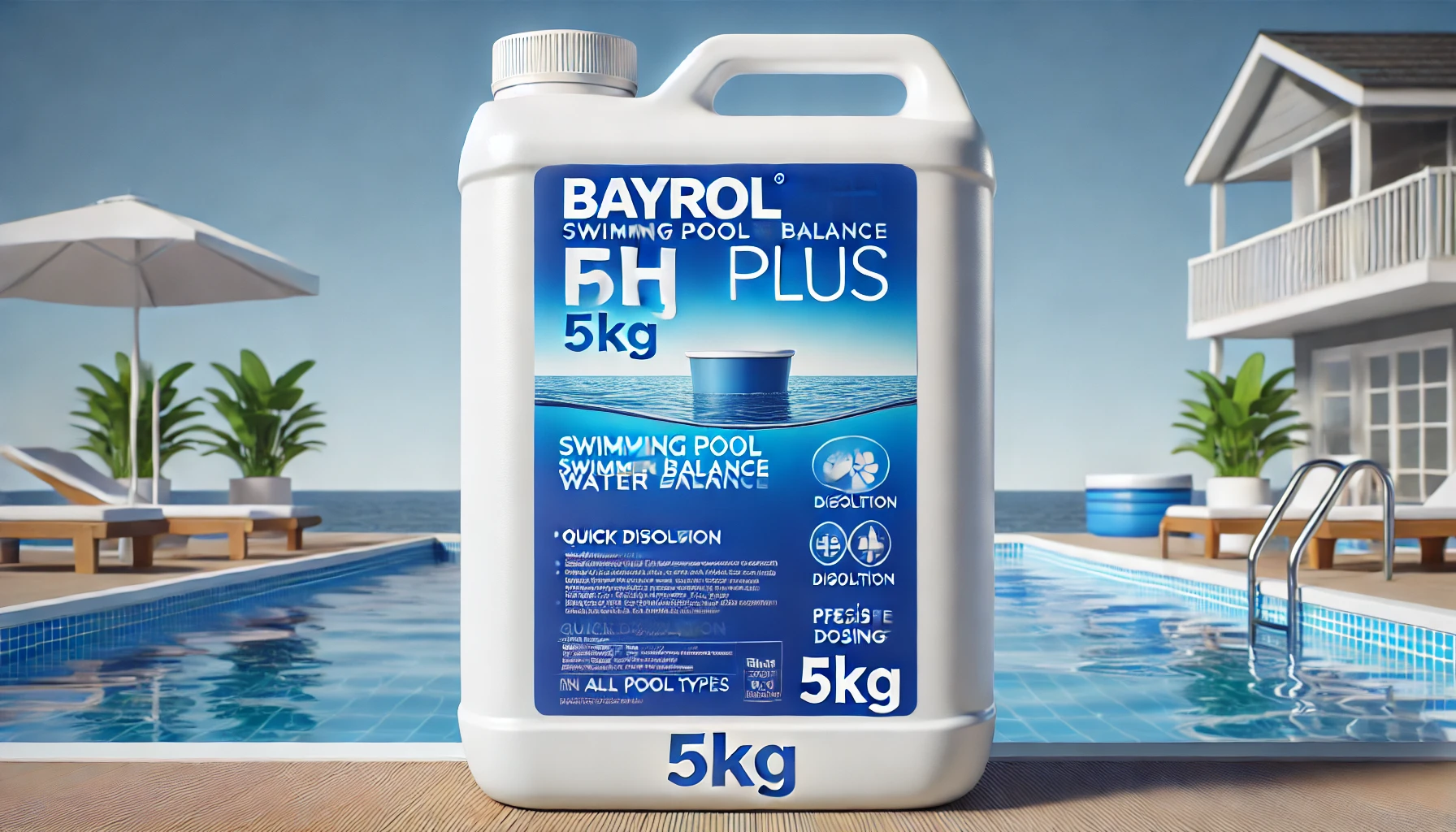 DALL·E 2025-02-19 14.58.27 - A realistic digital rendering of a 5kg container of Bayrol pH Plus powder for swimming pool water balance. The container is white with a blue label di
