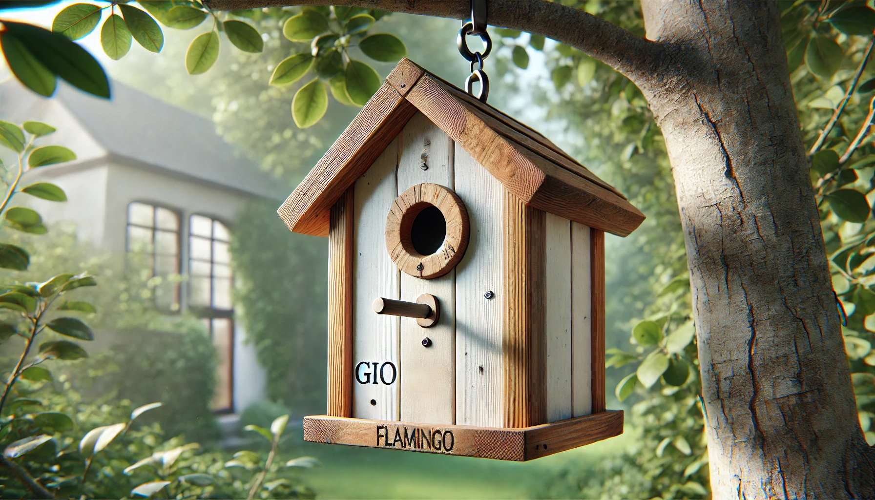 DALL·E 2025-02-19 15.16.36 - A realistic digital rendering of the GIO wooden birdhouse by Flamingo, designed for small birds like sparrows and chickadees. The birdhouse is made of