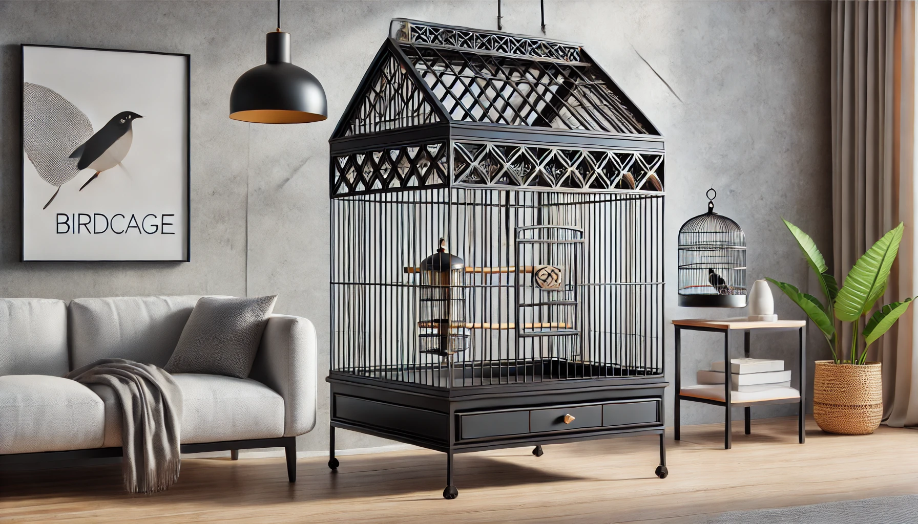DALL·E 2025-02-19 15.21.42 - A stylish and modern birdcage named 'Modern Living Industrial,' designed with an industrial chic aesthetic. The cage is made of sturdy black metal wit