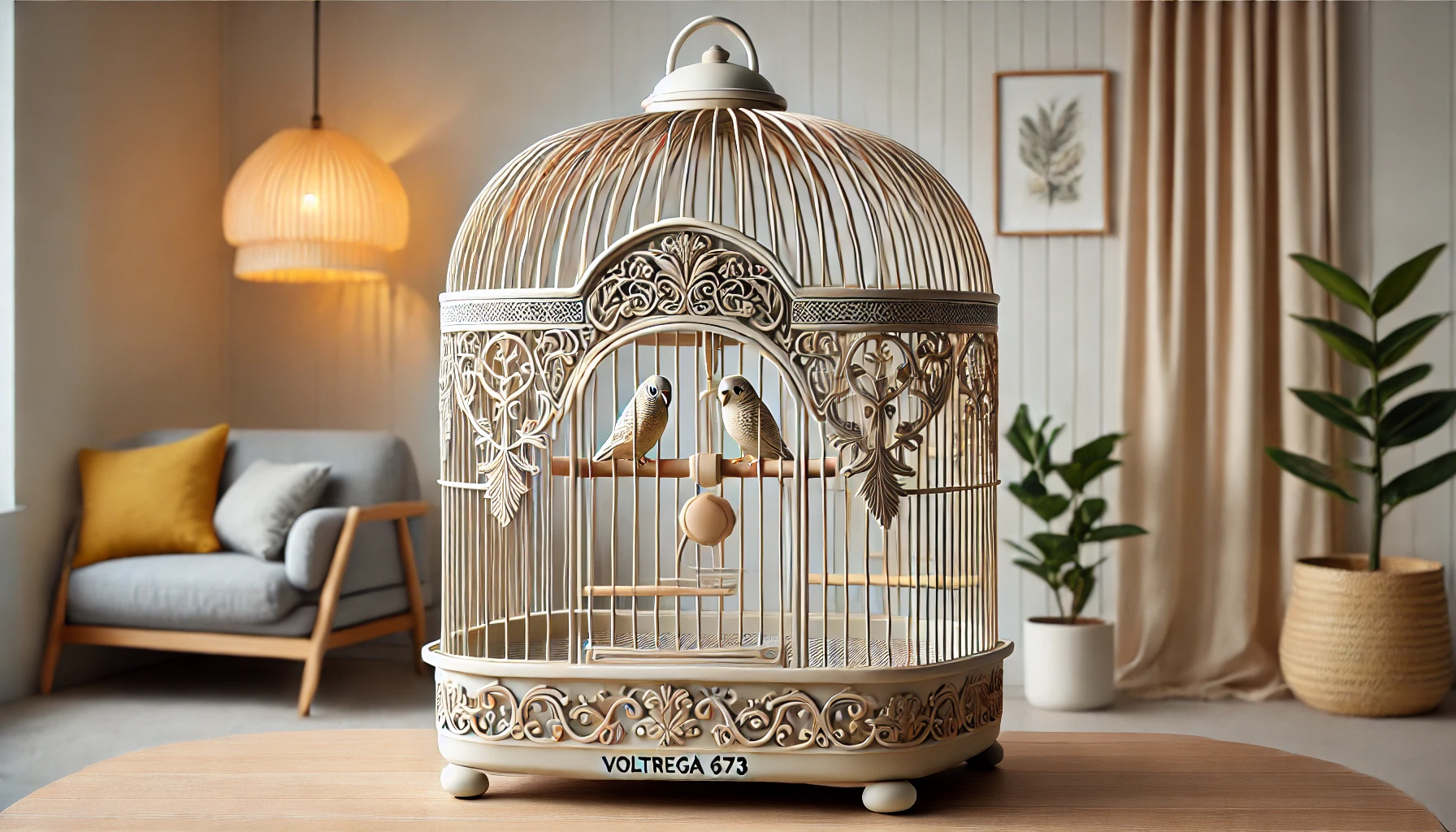 DALL·E 2025-02-19 15.30.21 - A stylish birdcage, model VOLTREGA 673, with a rounded arch design and decorative bird engravings. The cage is made of sturdy metal with a cream and g