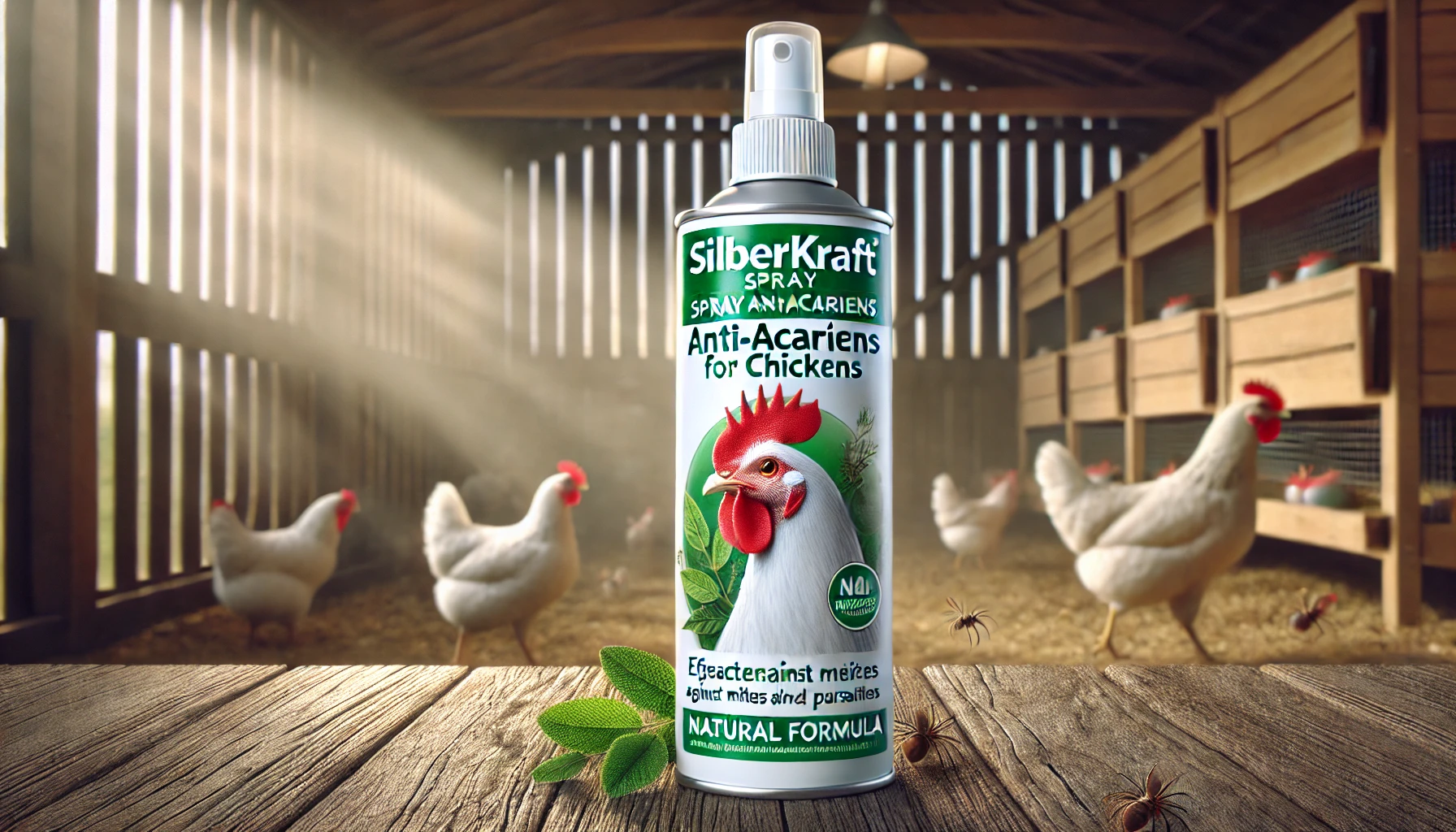 DALL·E 2025-02-19 15.45.43 - A realistic product image of the SILBERKRAFT Spray Anti-Acariens for chickens. The spray bottle is white with a green label, featuring an illustration