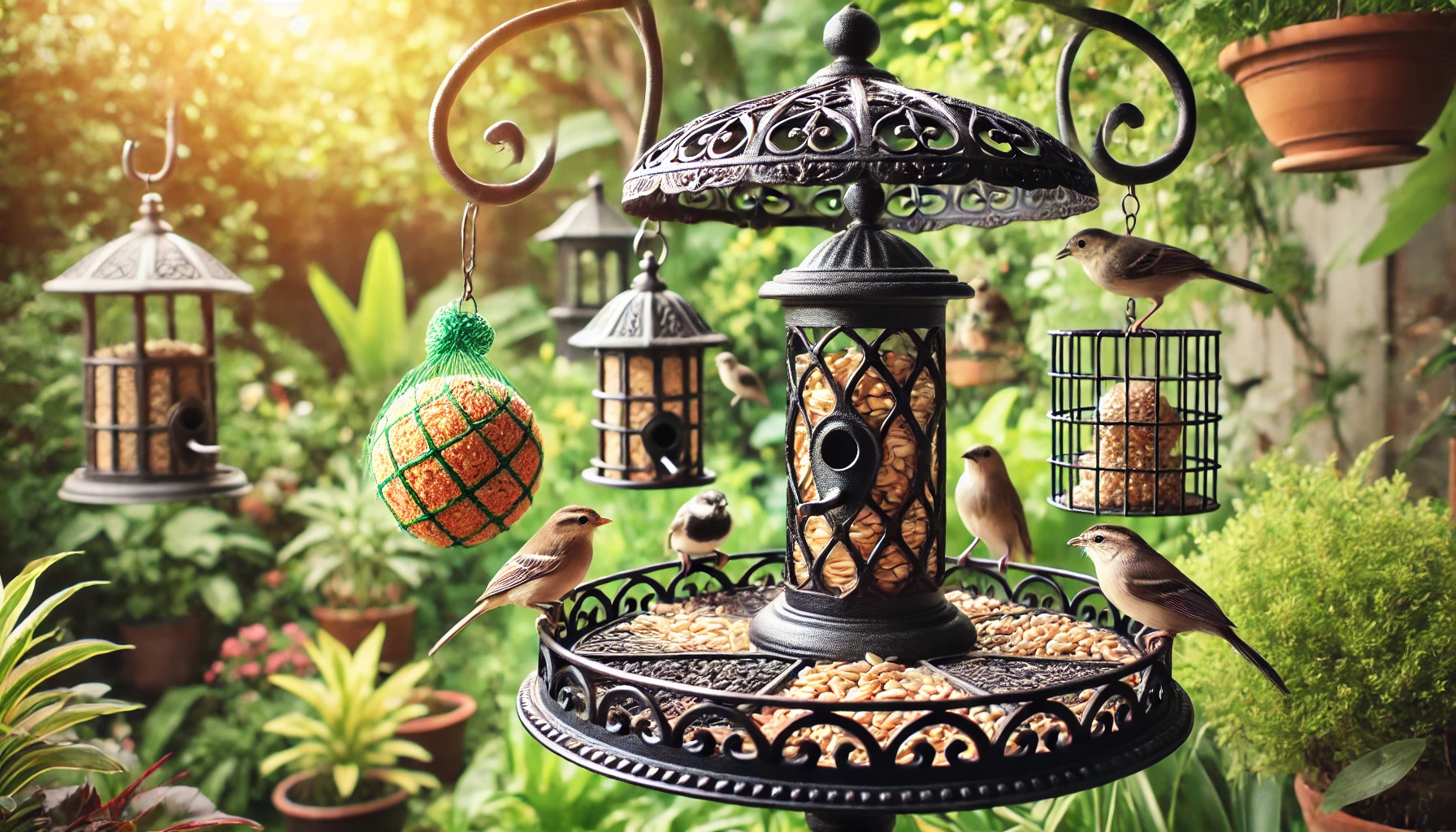 DALL·E 2025-02-19 15.57.10 - A decorative bird feeding station made of black metal, featuring multiple hooks for hanging feeders and suet balls. It includes a built-in tray for se