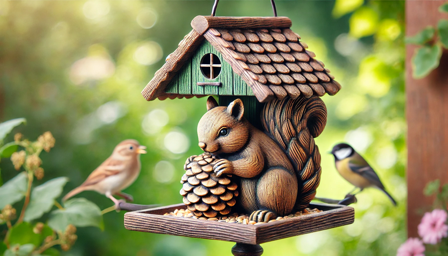 DALL·E 2025-02-19 16.07.53 - A decorative bird feeder in the shape of a squirrel holding a half pine cone, designed for outdoor use. The feeder is made of weather-resistant materi