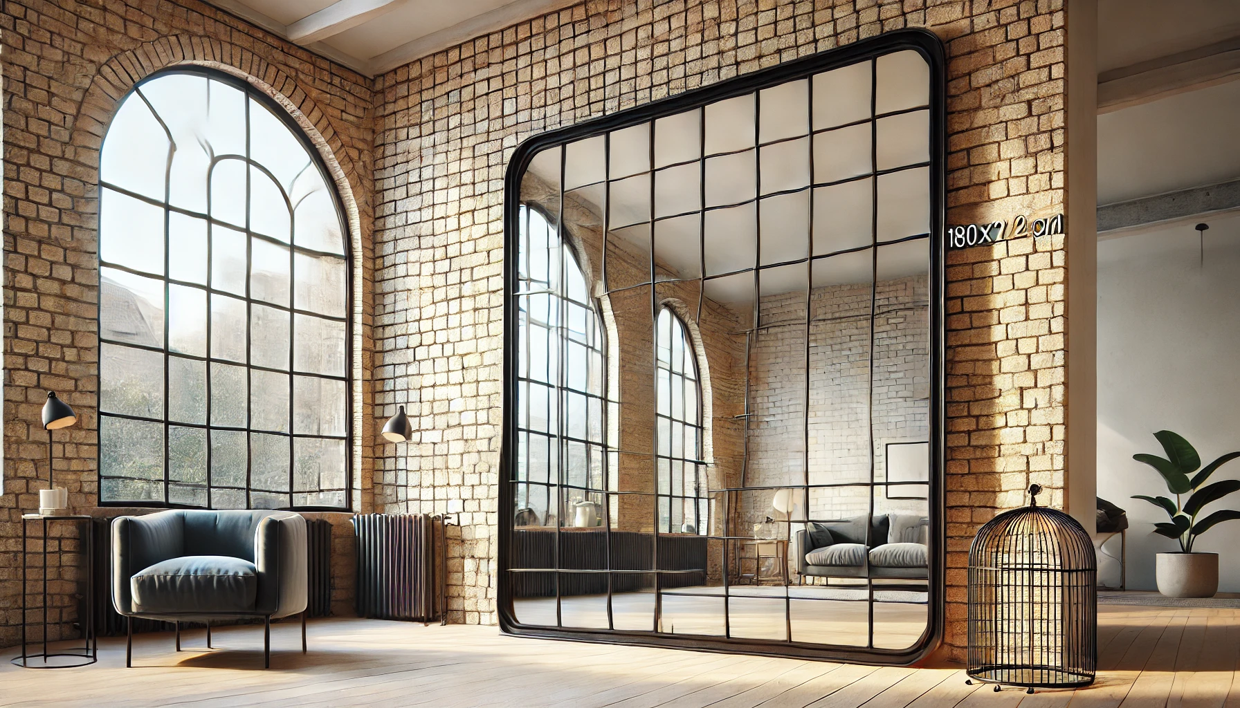 DALL·E 2025-02-19 17.51.27 - A large industrial-style mirror with a black metal frame, designed like a windowpane. The mirror measures 180x124 cm and leans against a modern, loft-