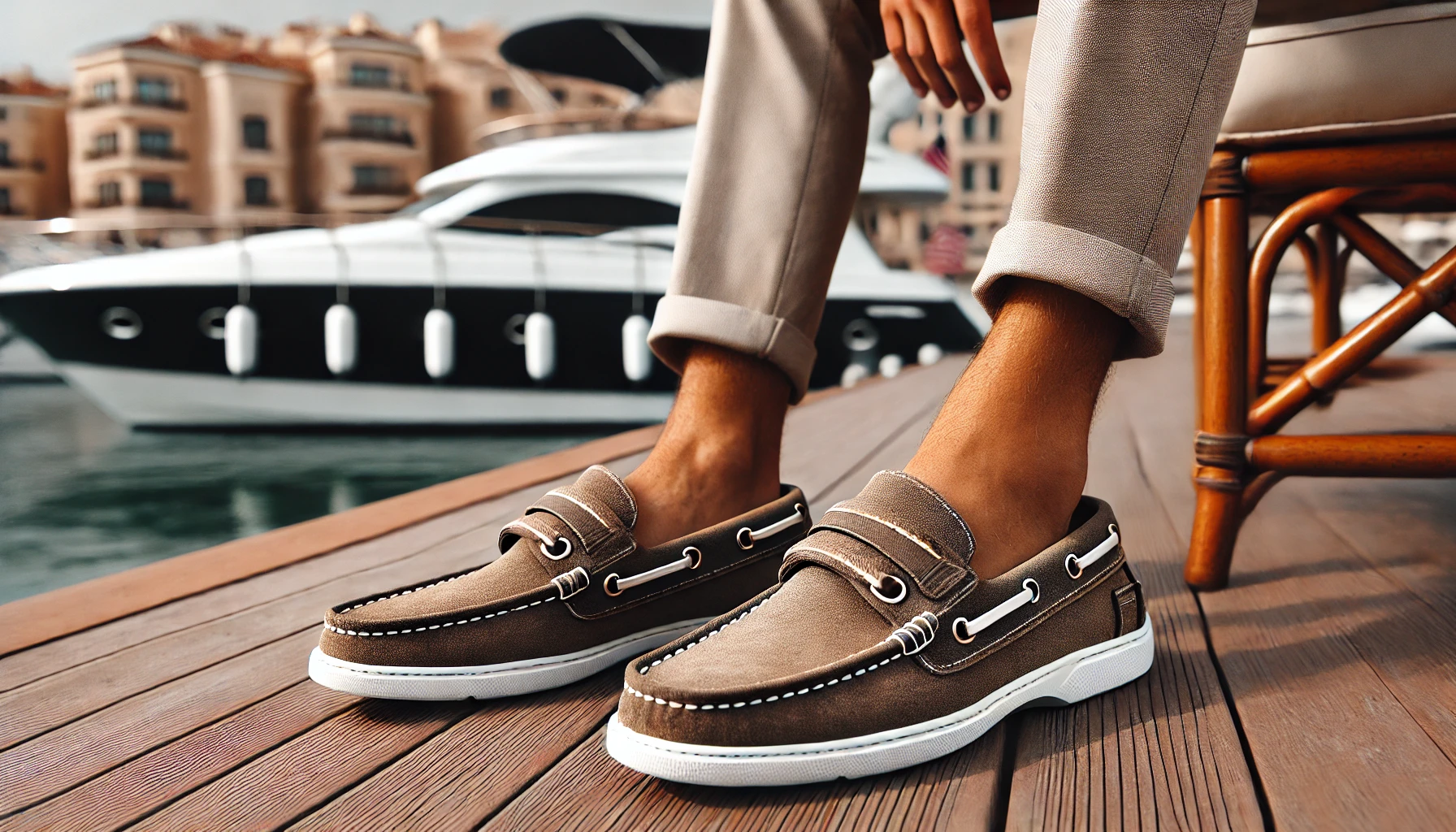 DALL·E 2025-02-25 12.36.52 - A stylish pair of boat-inspired moccasins with a Velcro strap closure, designed for elegance and comfort. The shoes are made from soft suede leather,
