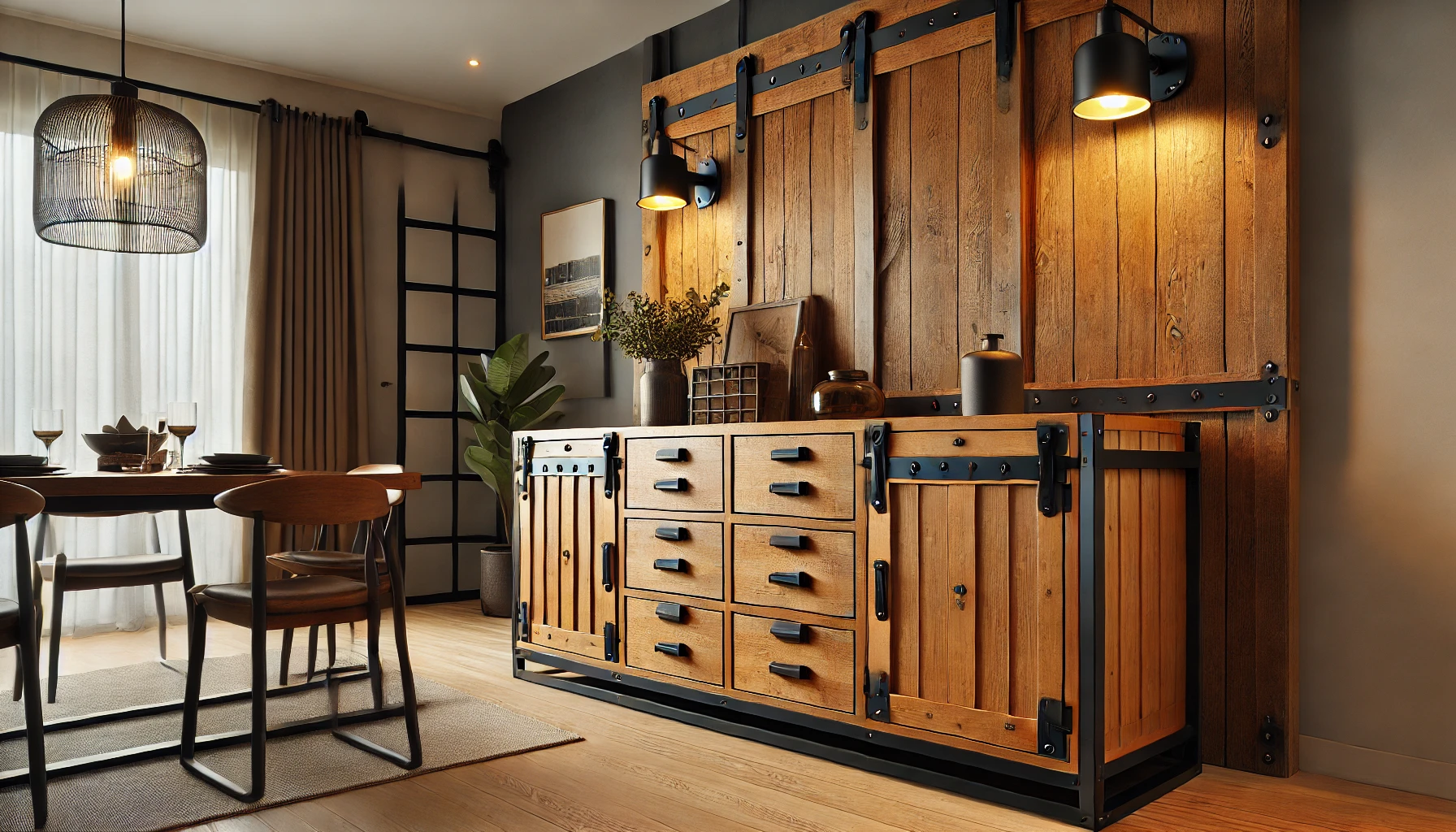 DALL·E 2025-02-25 13.09.00 - A stylish and industrial-inspired buffet cabinet named 'Germain,' crafted from solid mango wood with a natural warm finish. The buffet features a robu