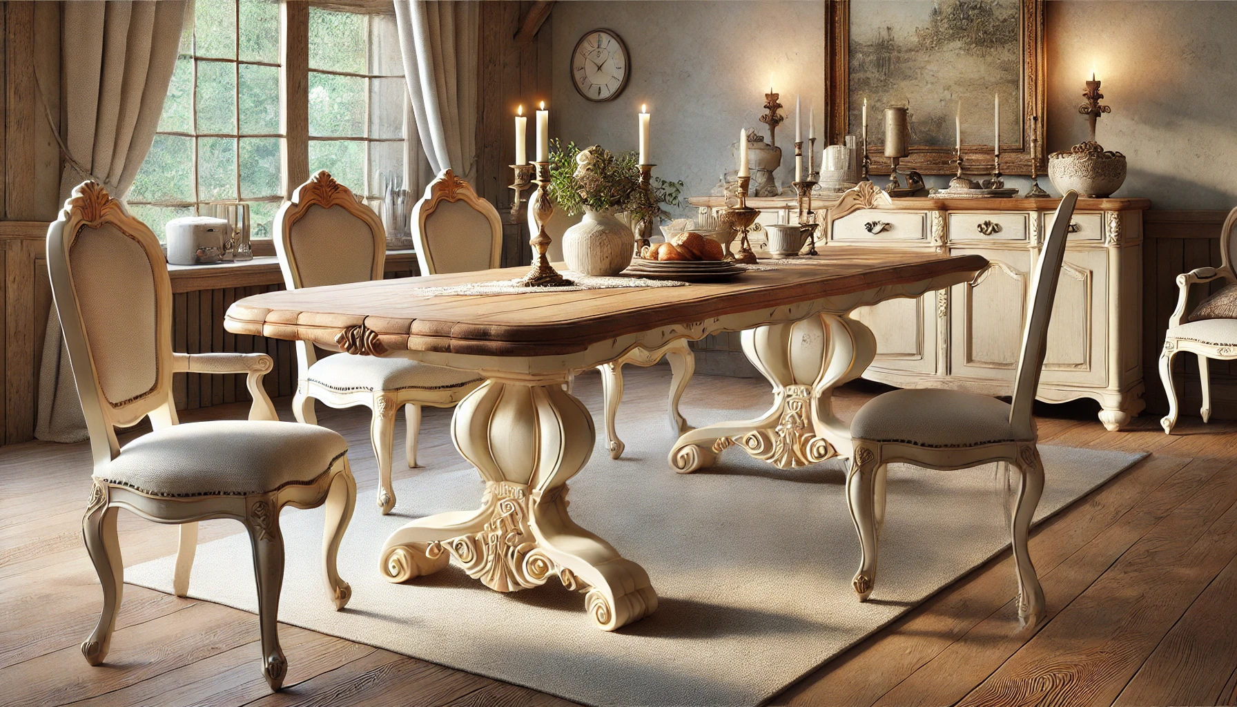 DALL·E 2025-02-25 13.13.53 - A charming and elegant dining table named 'Léontine,' designed for 6 to 8 people. The table features a natural wood top with a warm and authentic fini