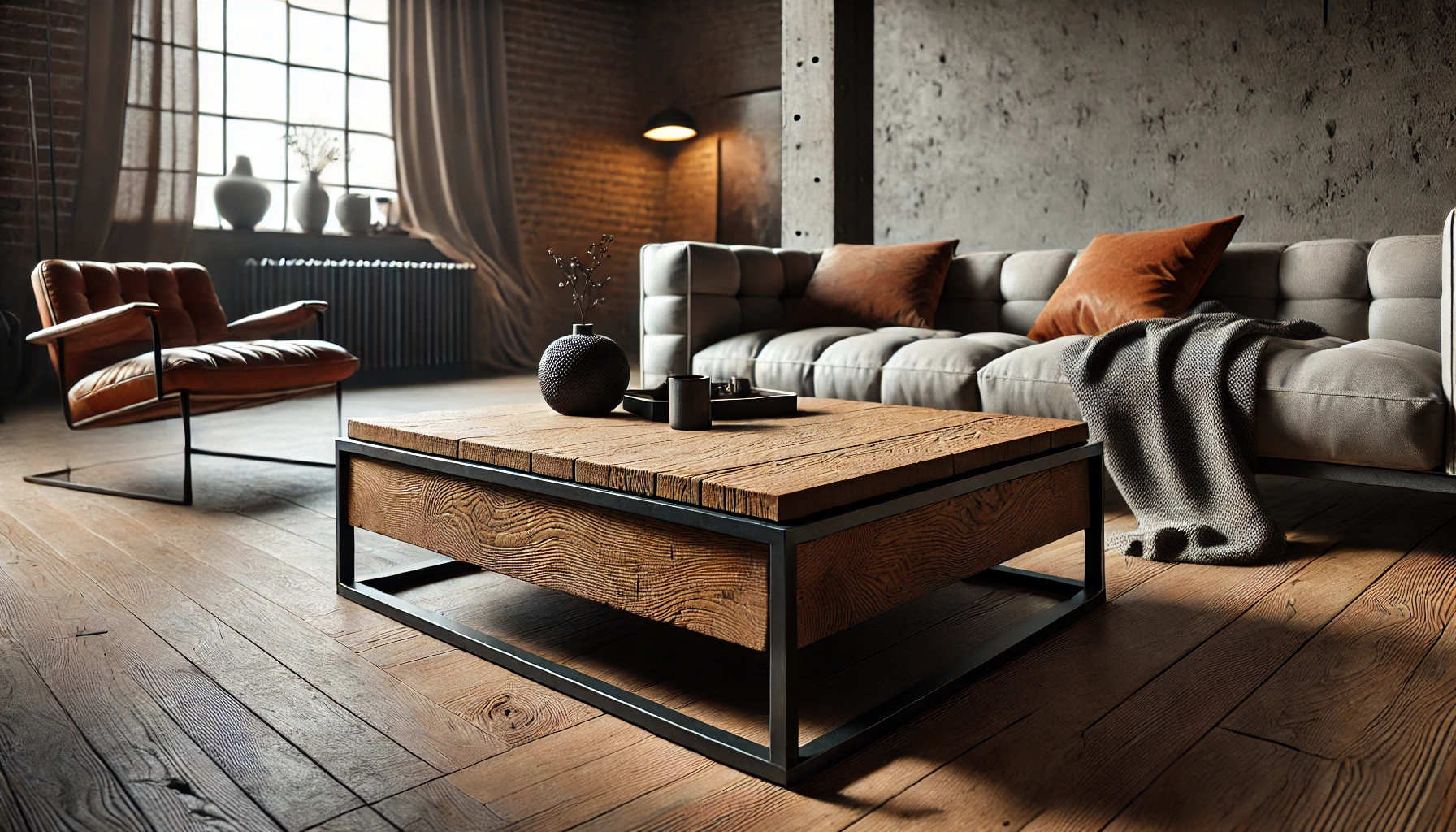 DALL·E 2025-02-25 13.33.41 - A stylish and modern industrial-style coffee table named 'Magnus,' combining brutalist aesthetics with elegant craftsmanship. The table features a thi