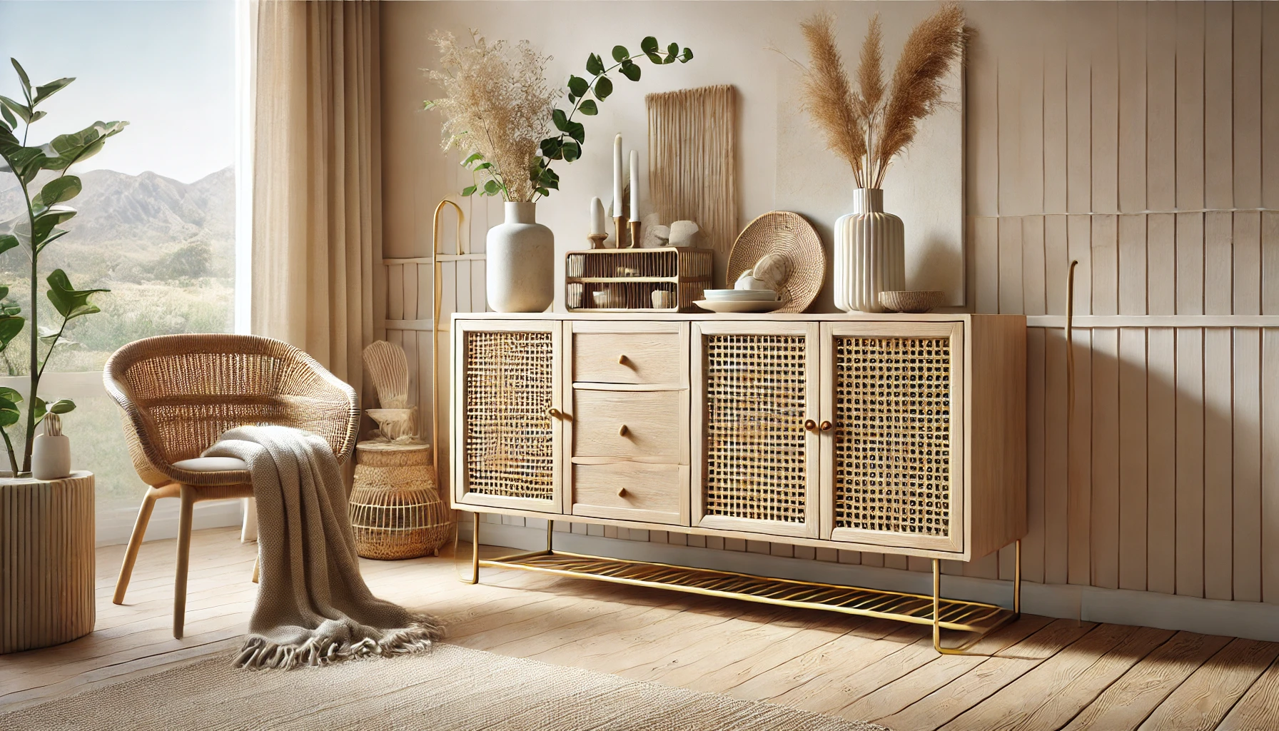DALL·E 2025-02-25 13.37.02 - A stylish and modern sideboard cabinet named 'Solstice,' designed with a natural and bohemian aesthetic. The cabinet features a light wood structure w