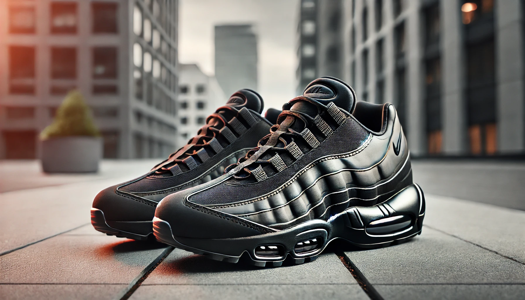 DALL·E 2025-02-25 13.50.22 - A sleek and modern Nike Air Max 95 Recraft sneaker in an all-black monochrome colorway. The shoe features visible Max Air cushioning in the front and