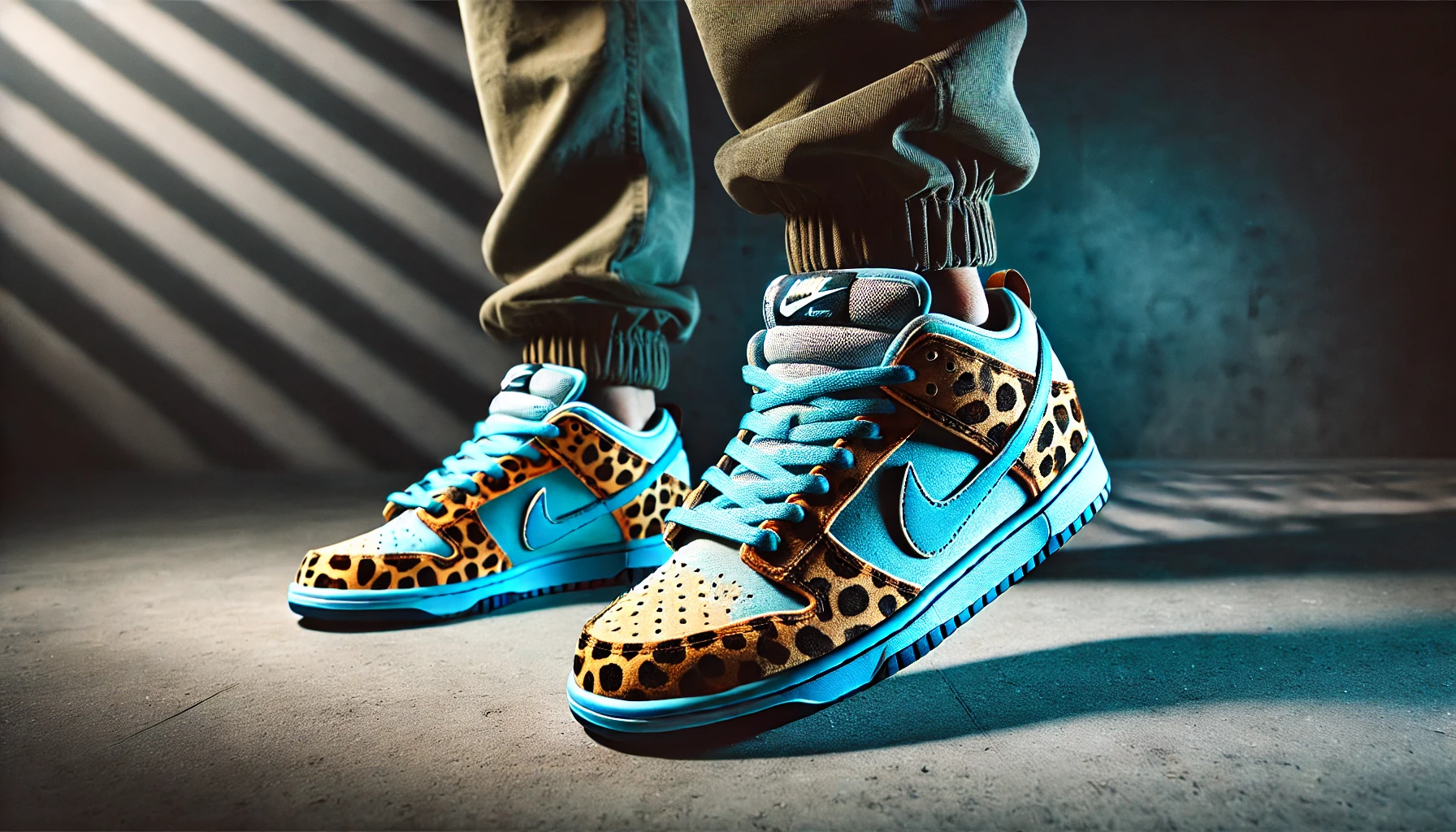 DALL·E 2025-02-25 15.23.35 - A bold and stylish Nike SB Dunk Low Pro Electric sneaker with a striking safari-inspired design. The shoe features premium leather and suede materials