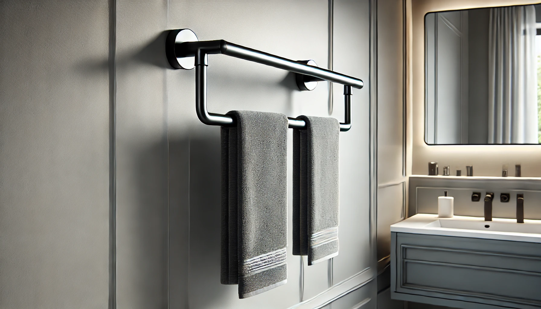 DALL·E 2025-02-25 15.41.45 - A sleek and modern double towel bar named 'GoodHome Elland,' designed for contemporary bathrooms. The towel bar features a matte black metal finish, p