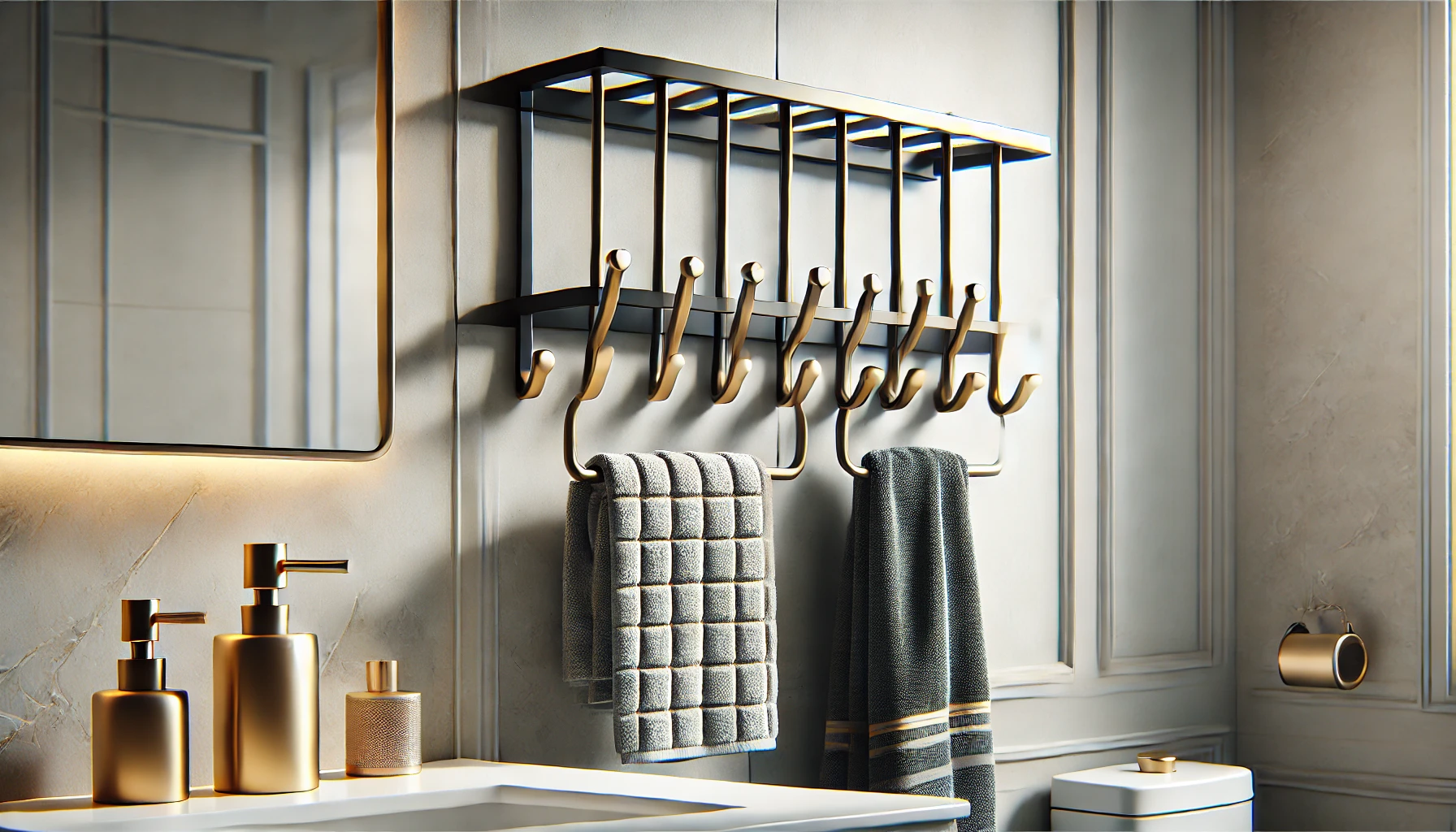 DALL·E 2025-02-25 15.50.02 - A stylish and modern wall-mounted towel rack with a multifunctional design, featuring six inclined hooks for hanging towels and accessories. The rack