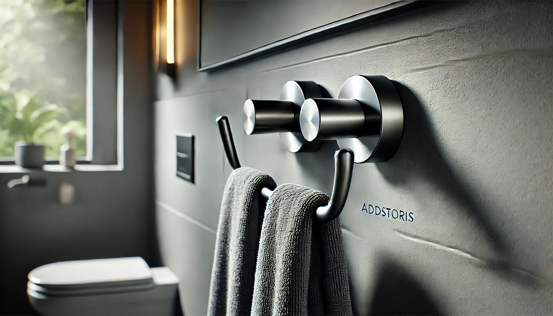 DALL·E 2025-02-25 16.00.26 - A sleek and modern double towel hook named 'Addstoris' by Hansgrohe, featuring a sophisticated Gun Metal finish. The hook has a minimalist and contemp