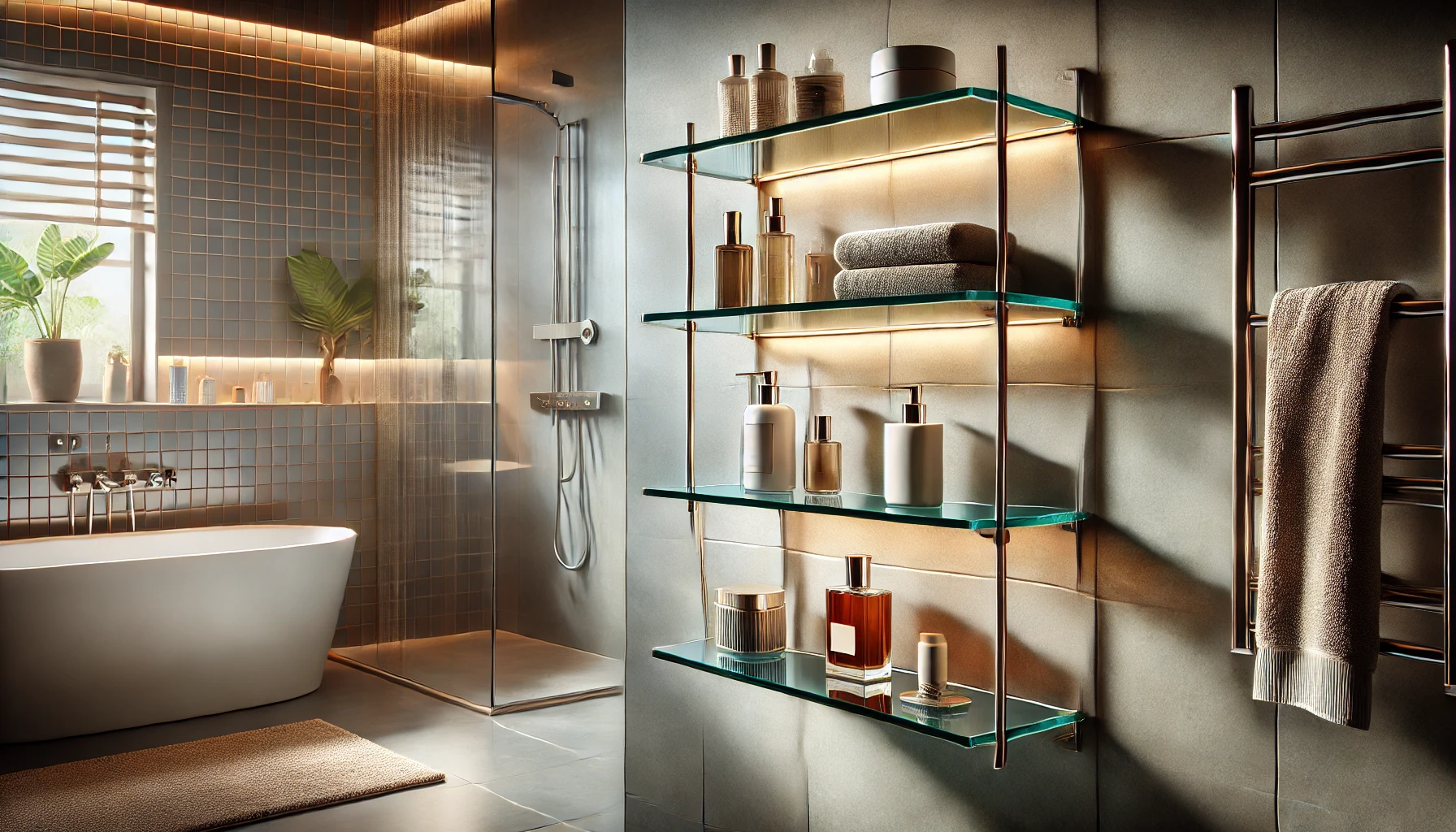 DALL·E 2025-02-25 16.29.56 - A modern wall-mounted bathroom shelf, made of tempered glass with chrome-plated metal supports, installed on a smooth tiled bathroom wall. The shelf h