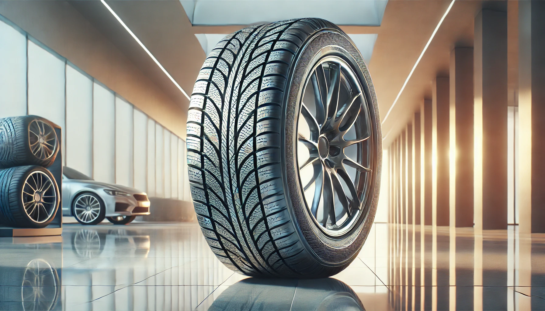 DALL·E 2025-02-25 16.41.13 - A high-quality summer tire with a detailed tread pattern optimized for dry and wet road conditions. The tire is displayed in a professional automotive