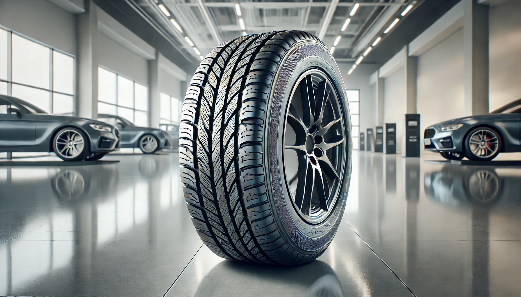DALL·E 2025-02-25 16.52.58 - A high-quality summer tire designed for excellent wet grip and optimal road performance. The tire features a unique tread pattern that enhances water