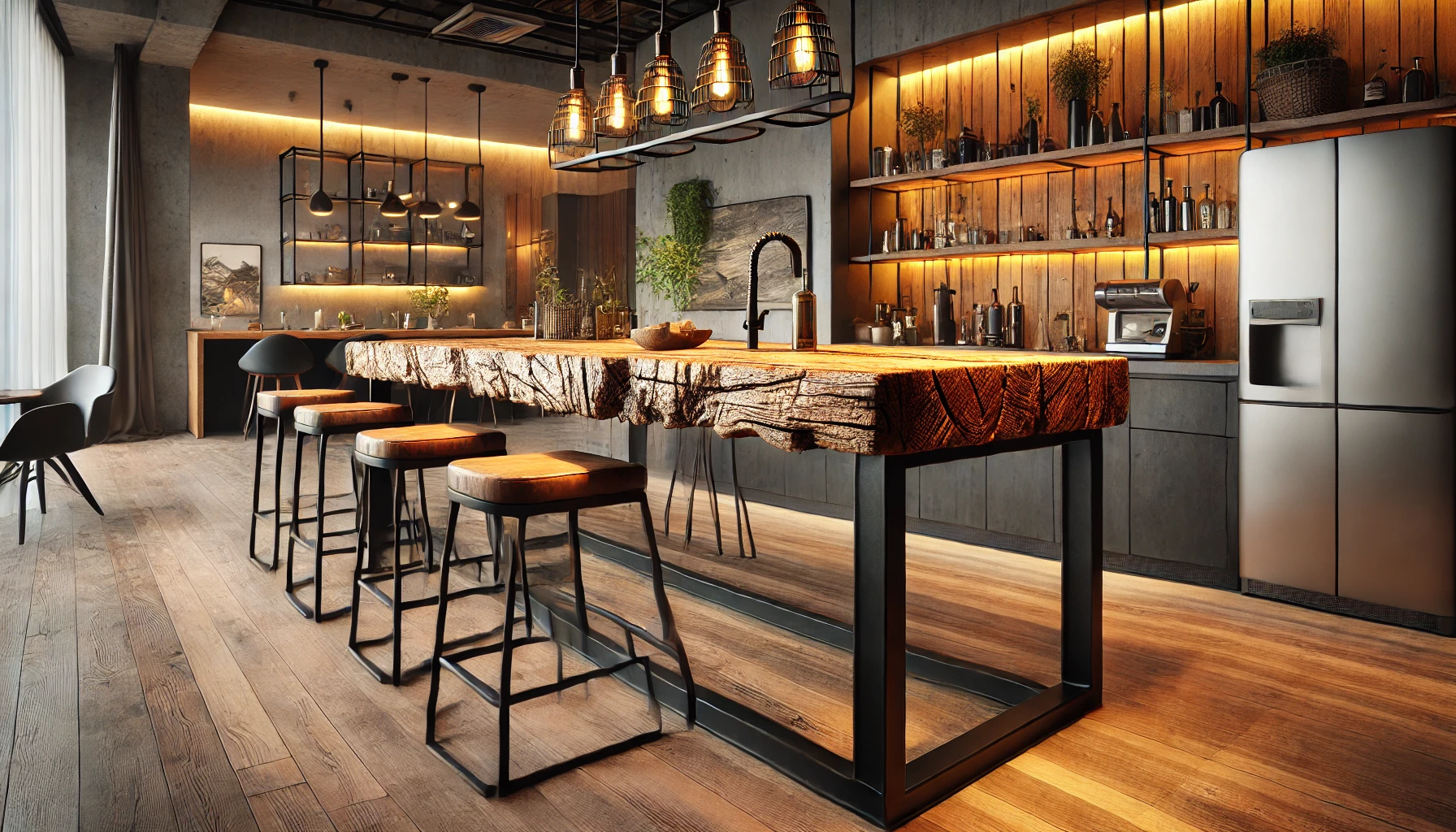 DALL·E 2025-02-25 17.52.33 - A stylish industrial bar table made of solid reclaimed wood with a unique and eco-friendly texture. The table measures 150 cm in length, 70 cm in dept