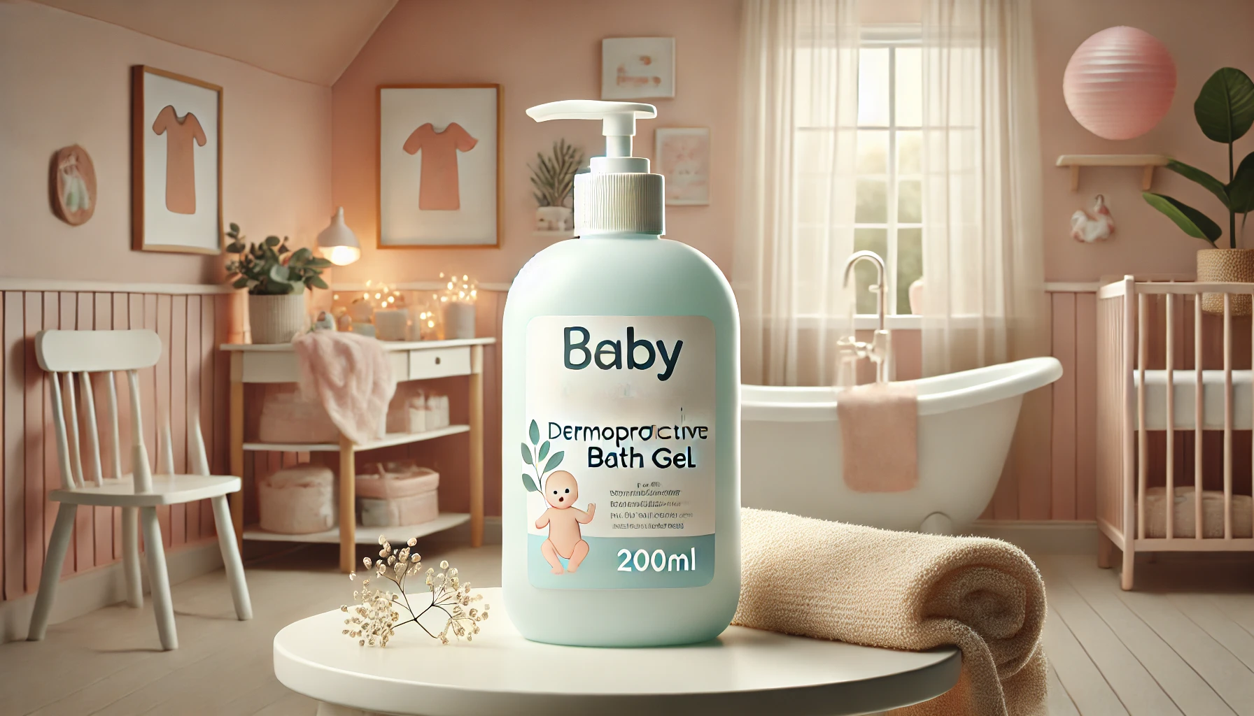 DALL·E 2025-02-26 11.46.58 - A bottle of baby dermoprotective bath gel in a 200ml format, designed for delicate newborn skin. The packaging is gentle and baby-friendly, featuring