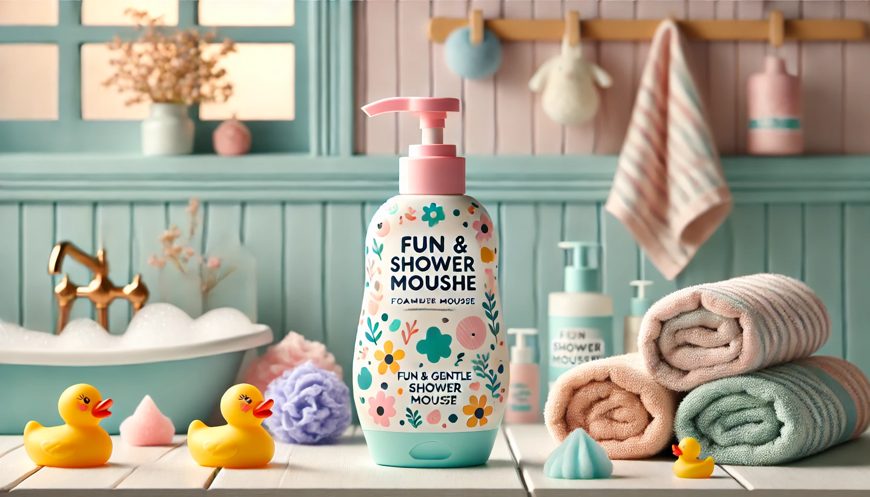 DALL·E 2025-02-26 12.22.05 - A fun and gentle foaming shower mousse designed for kids, in a colorful and playful bottle. The packaging features a child-friendly design with a soft