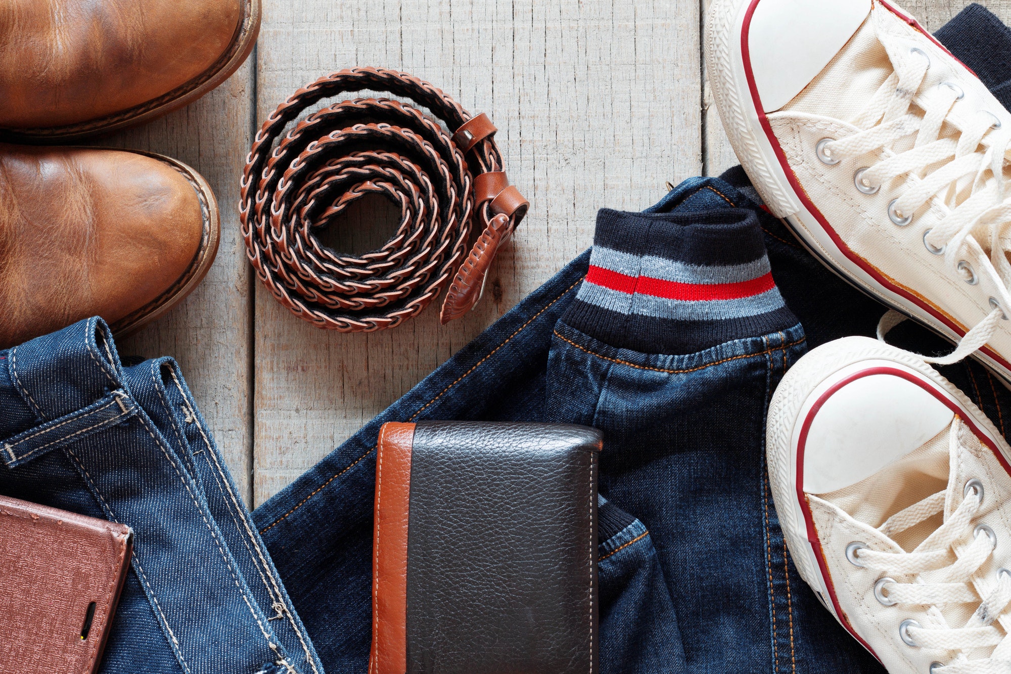 Clothes and accessories on wooden