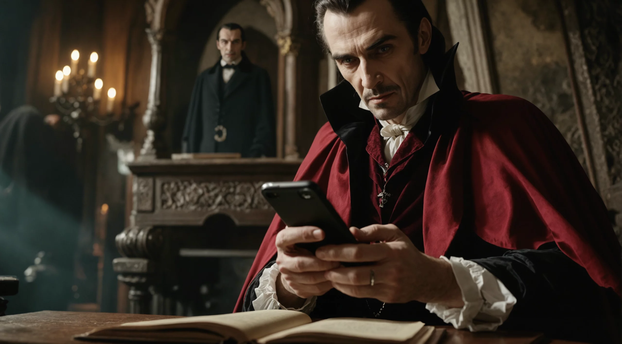 Dracula écrit un sms sur son smartphone